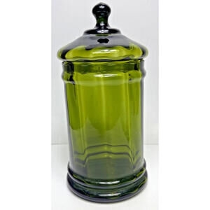Vtg MCM Glass Apothecary Jar Canister Olive Circus Tent Lid 10"H Empoli? Crack